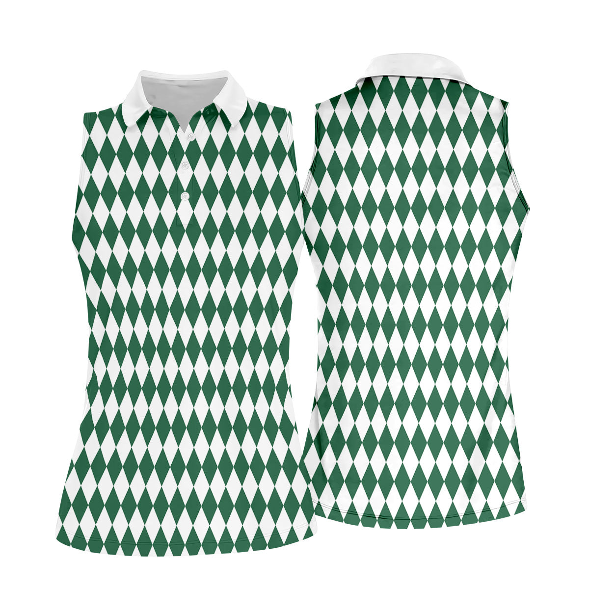 White And Green Argyle Pattern Women's Golf Shirts, Ladies Sleeveless Polo, Ladies Golf Shirts