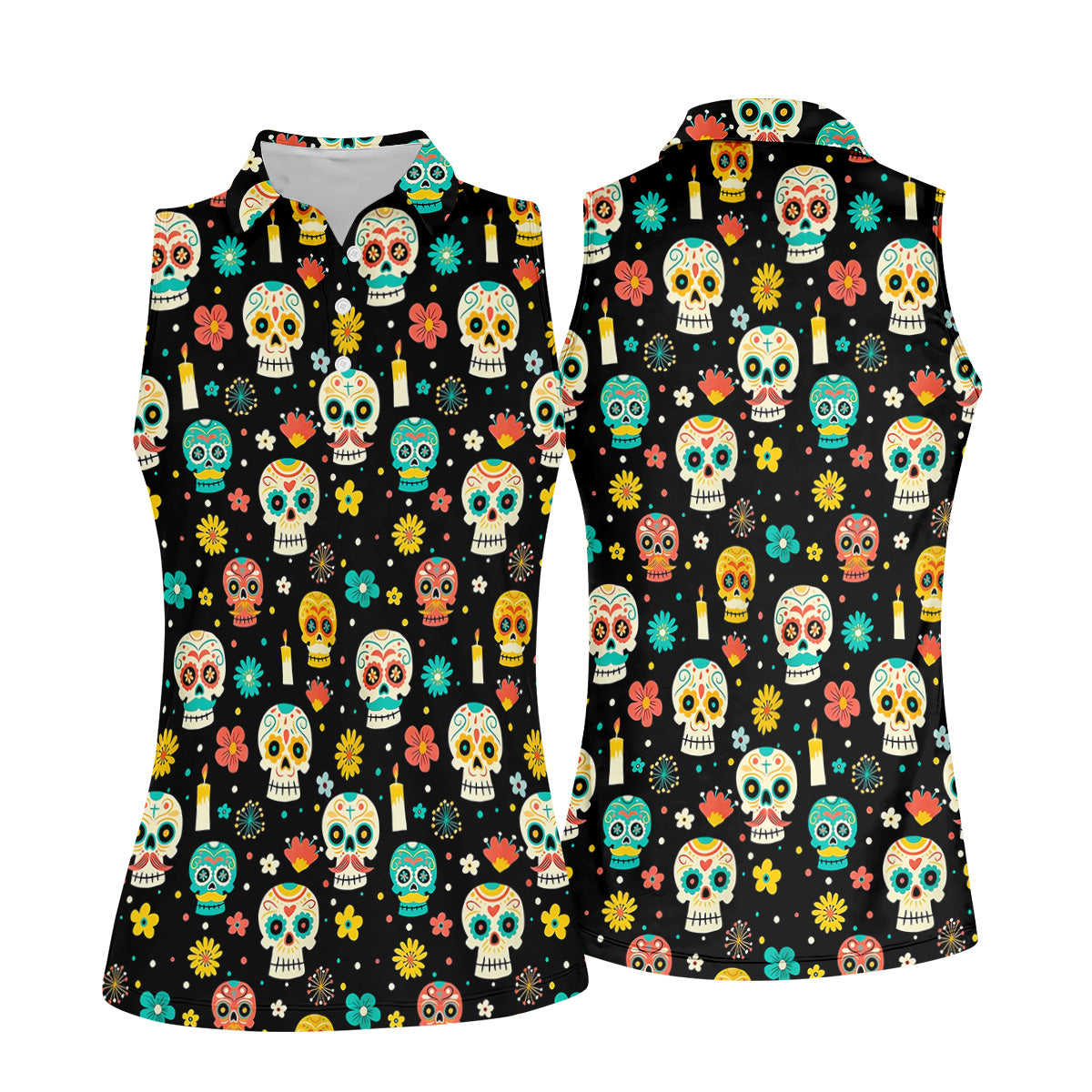 Cartoon Sugar Skull Mexican Day of the Dead Golf Shirt, Ladies Sleeveless Tops, Women's Golf Shirts