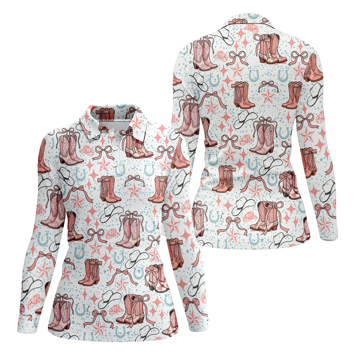 Coquette Cowgirl Boots Pink Western Womens Golf Shirts, Retro Golf Shirt, Ladies Golf Polos