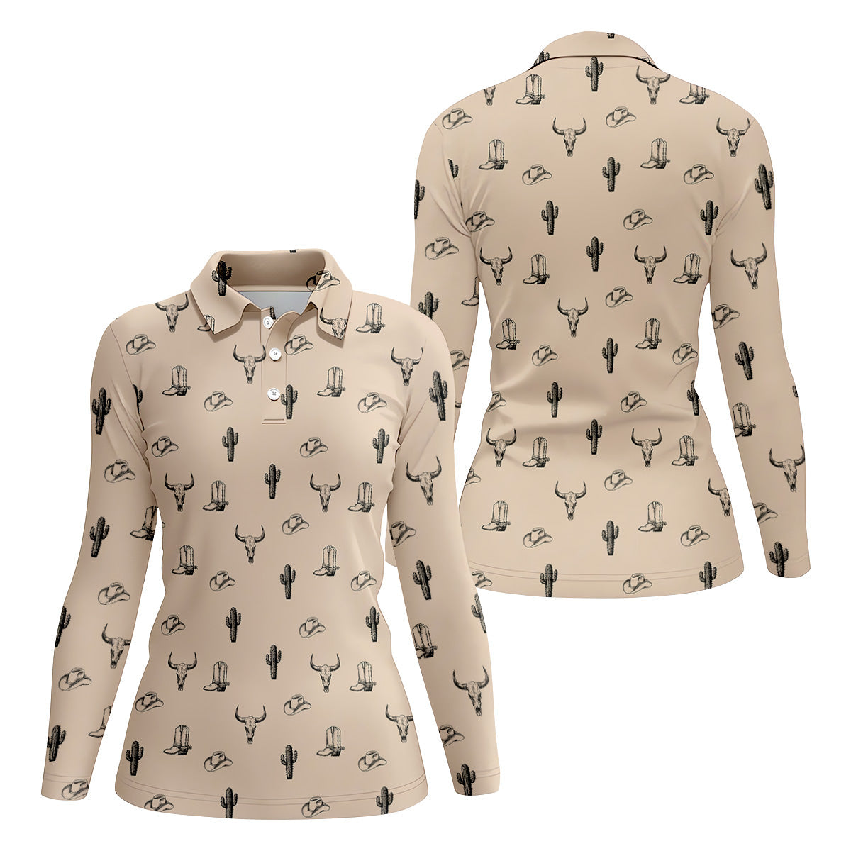 Wild West Cactus Light Brown Western Golf Shirts Women, Unique Gift For Golfer, Ladies Golf Shirts