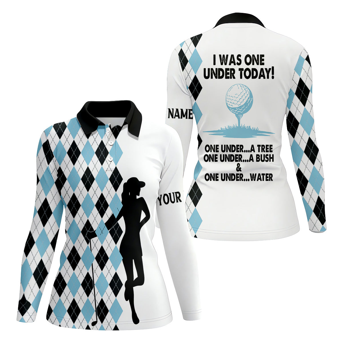 I Was One Under Today Light Blue Black Argyle Fun Womens Golf Shirts, Ladies Golf Tops, Unique Gift For Golfer