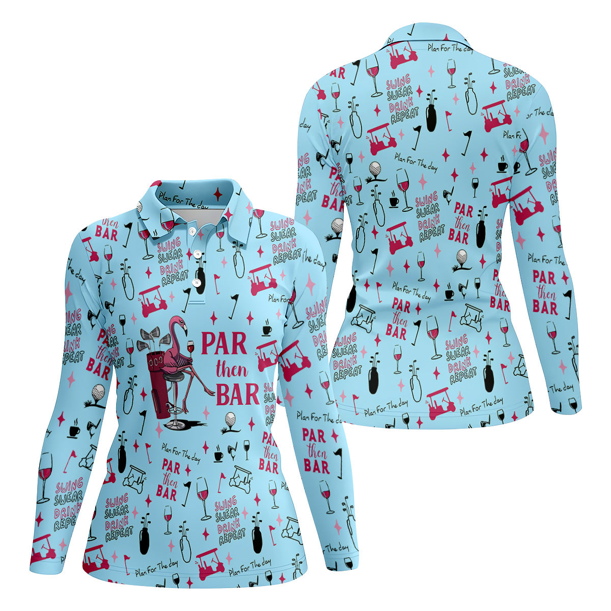 Pink And Blue Par Then Bar Flamingo Golf Shirt, Fun Women's Golf Shirts, Ladies Golf Polos