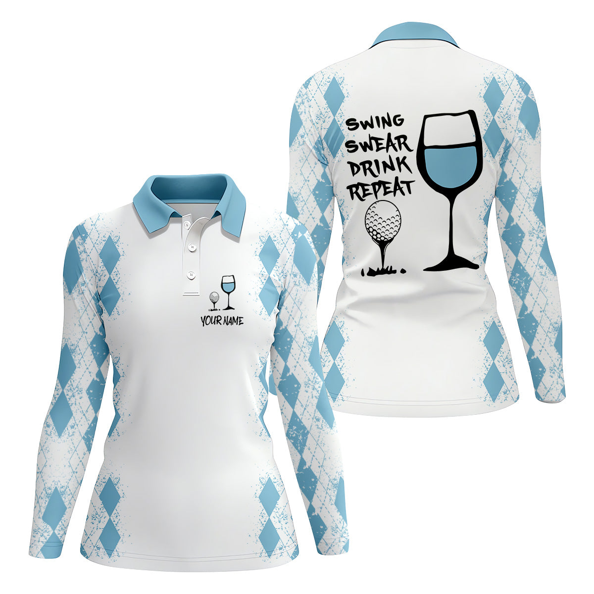 Swing Swear Drink Repeat Light Blue Argyle Golf Shirt, Fun Womens Golf Shirts, White Polo Women, Ladies Golf Shirts