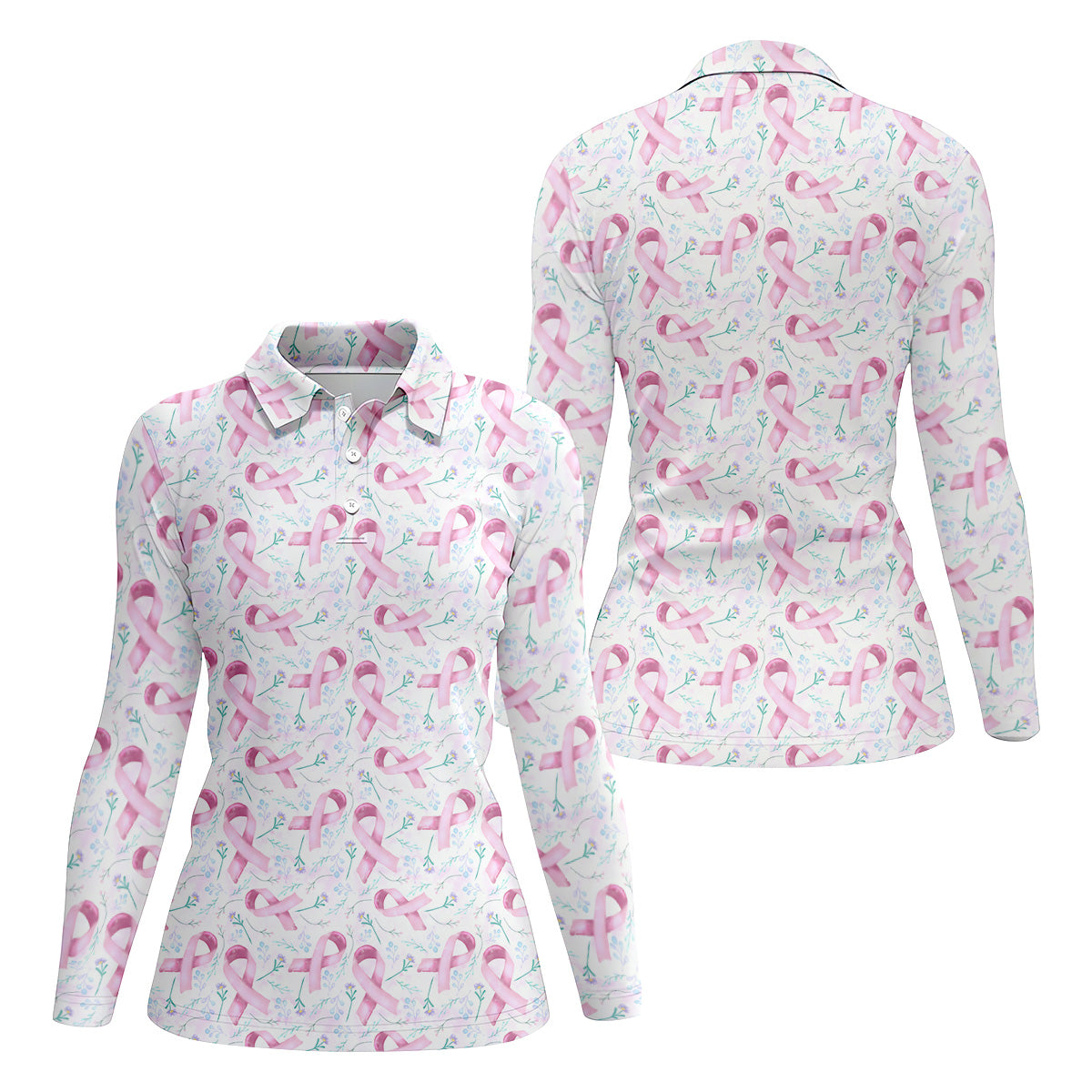 Pink Floral Breast Cancer Golf Shirt, Women's Long Sleeve Golf Shirts, Ladies Golf Shirts
