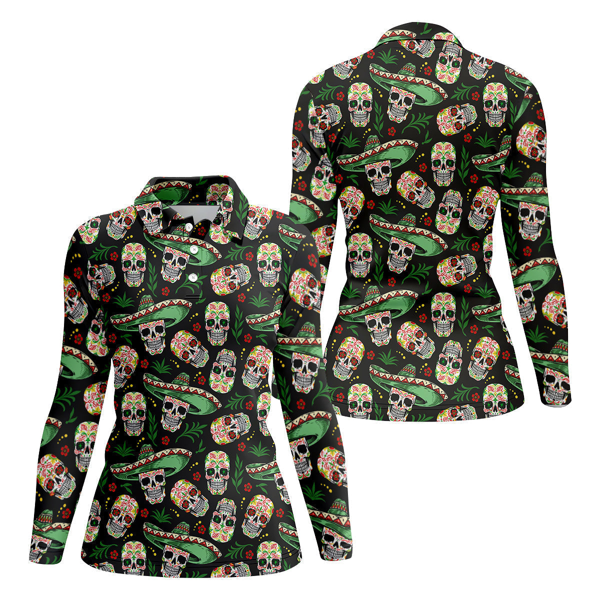 Skull Golf Shirt, Day Of The Dead Shirt, Mexican Floral Shirt, Women Sleeveless Polo, Ladies Golf Shirts
