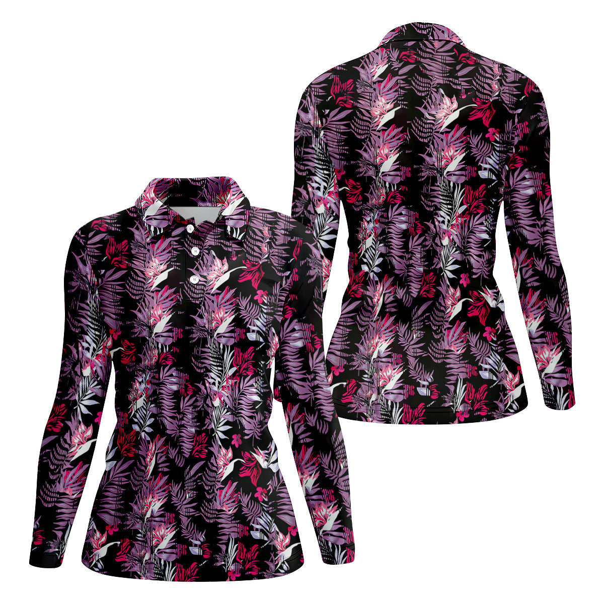 Purple And Black Tropical Golf Shirts, Sleeveless Women's Golf Shirts, Ladies Golf Polos