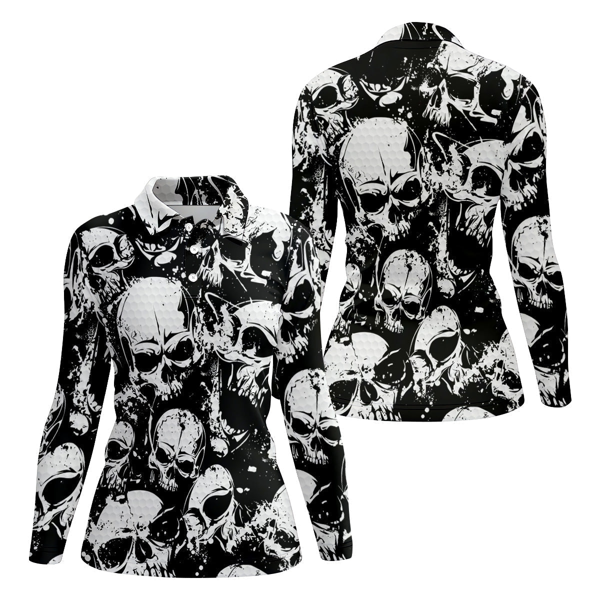 Skulls Splatter Black Grunge Womens Golf Shirts, Ladies Golf Polos, Cool Golf Gift, Golfing Apparel