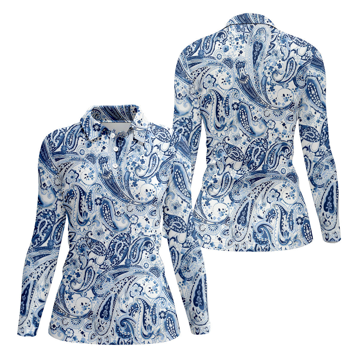 Blue Paisley Seamless Pattern Women Golf Top, Golf Shirt For Women, Women's Polo Shirt