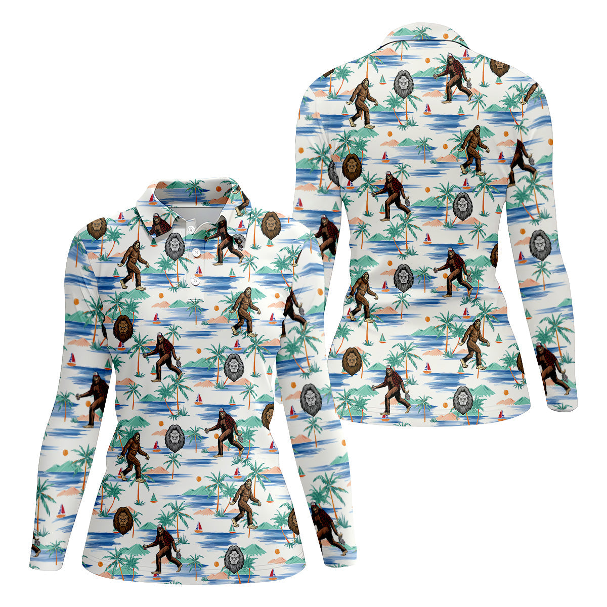 White And Blue Funny Sasquatch Tropical Golf Shirts, Funny Golf Shirts Women, Ladies Golf Shirts, Golfing Apparel