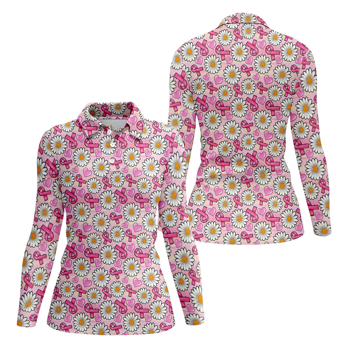 Daisy Pink Breast Cancer Golf Shirt, Women's Long Sleeve Golf Shirts, Ladies Golf Tops, Ladies Golf Polos