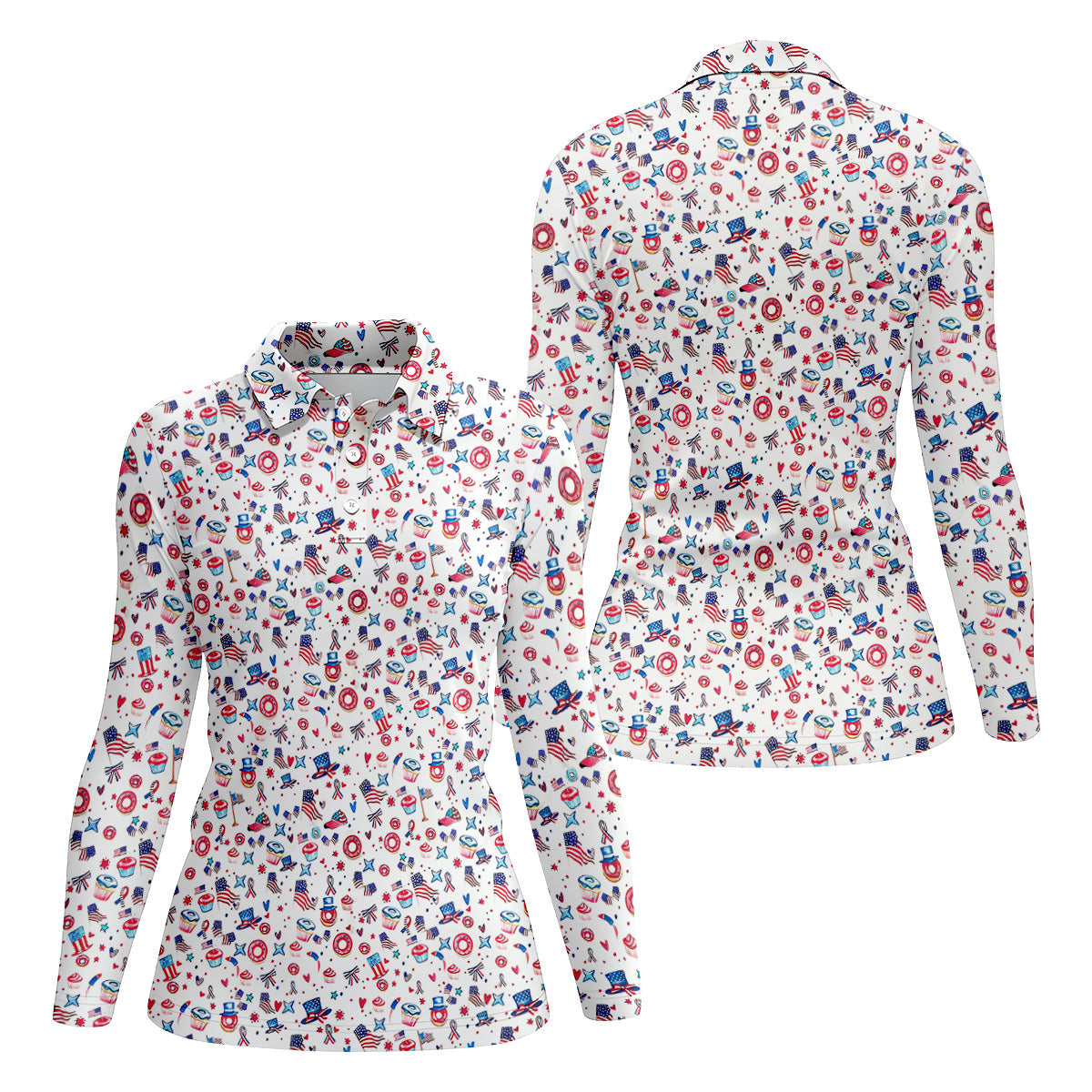 American Flag Donut Pattern Fun Women's Golf Shirts, Ladies Patriotic Golf Shirts, Women's Polo Shirt