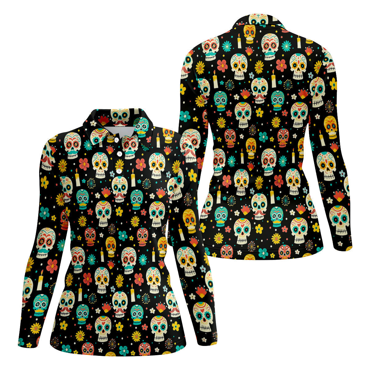 Cartoon Sugar Skull Mexican Day of the Dead Golf Shirt, Ladies Sleeveless Tops, Women's Golf Shirts