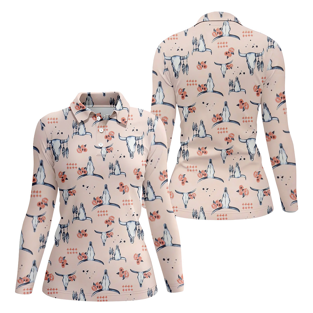 Boho Buffalo Skull Seamless Pattern Women Golf Top, Golf Shirt For Women, Ladies Golf Polos