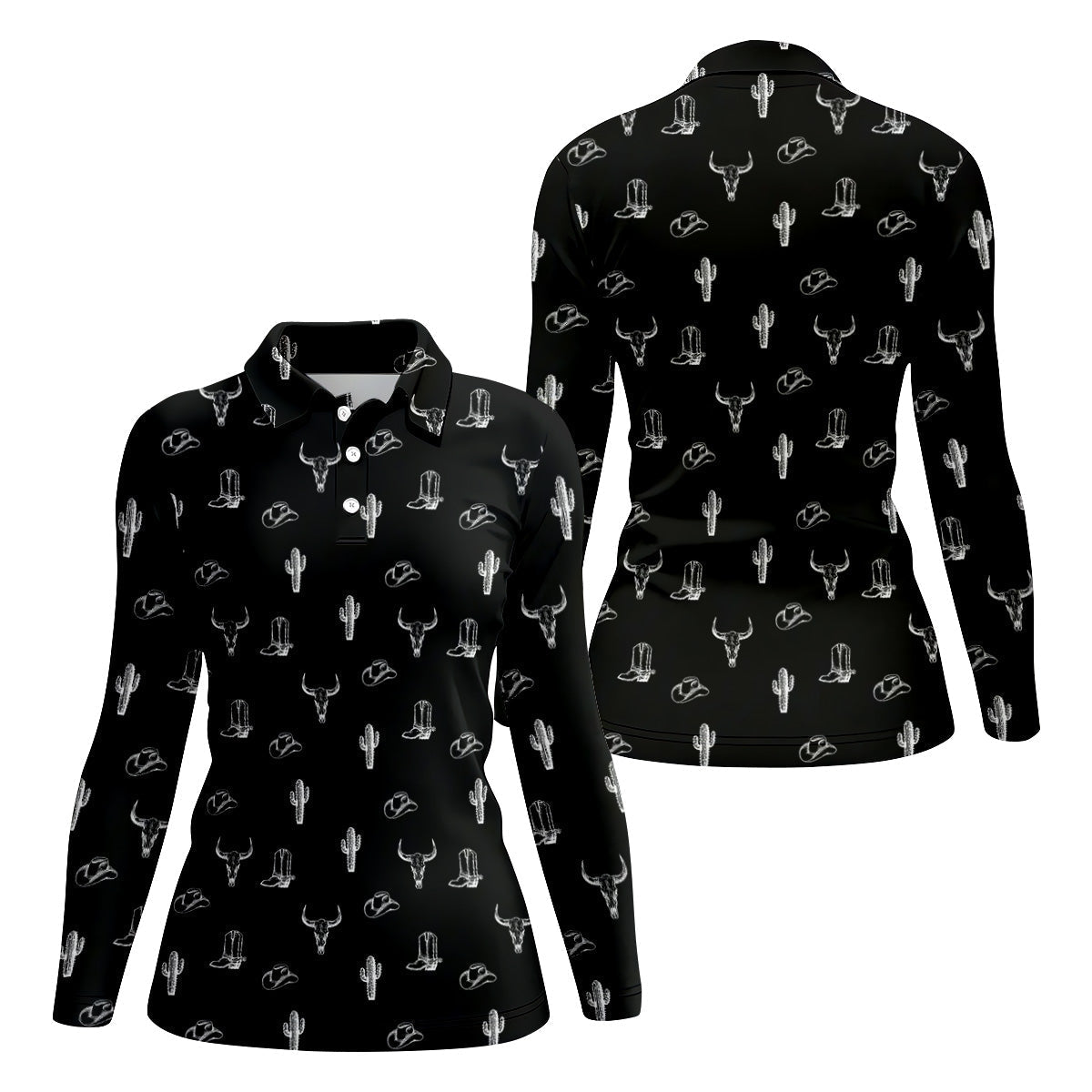 Wild West Cactus Black Western Golf Shirts Women, Unique Gift For Golfer, Ladies Golf Shirts