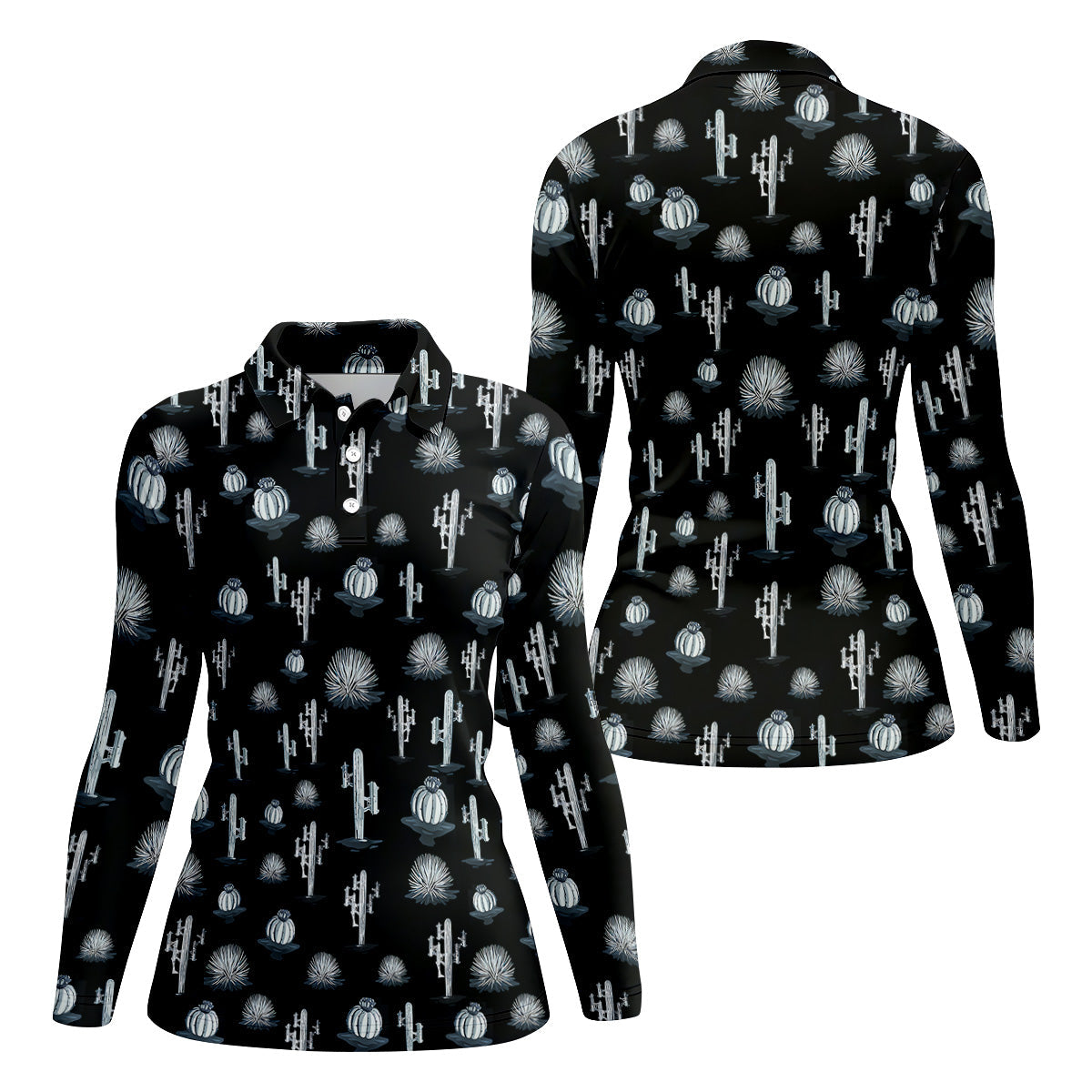 Desert Cactus Black And White Women's Golf Tops, Ladies Golf Shirts, Golf Gifts For Women