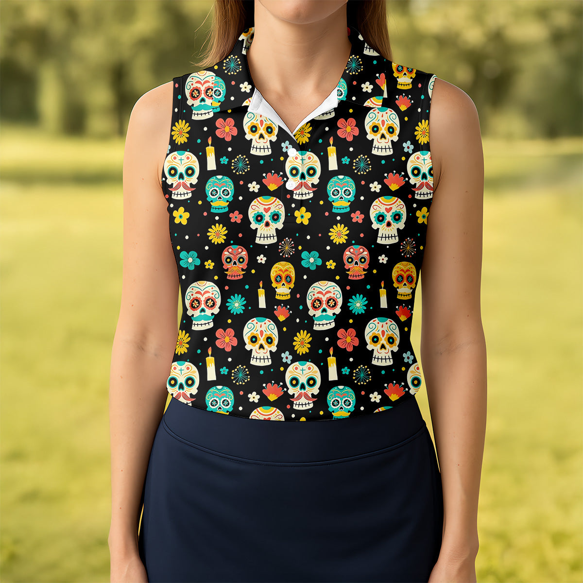 Cartoon Sugar Skull Mexican Day of the Dead Golf Shirt, Ladies Sleeveless Tops, Women's Golf Shirts