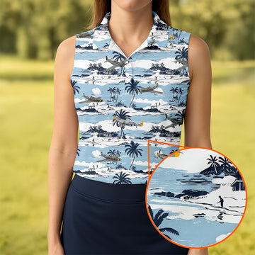 Light Blue Airplane Women's Hawaiian Golf Shirts, Women's Sleeveless Golf Shirts, Ladies Golf Tops