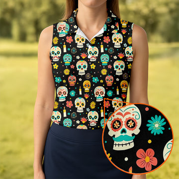 Cartoon Sugar Skull Mexican Day of the Dead Golf Shirt, Ladies Sleeveless Tops, Women's Golf Shirts