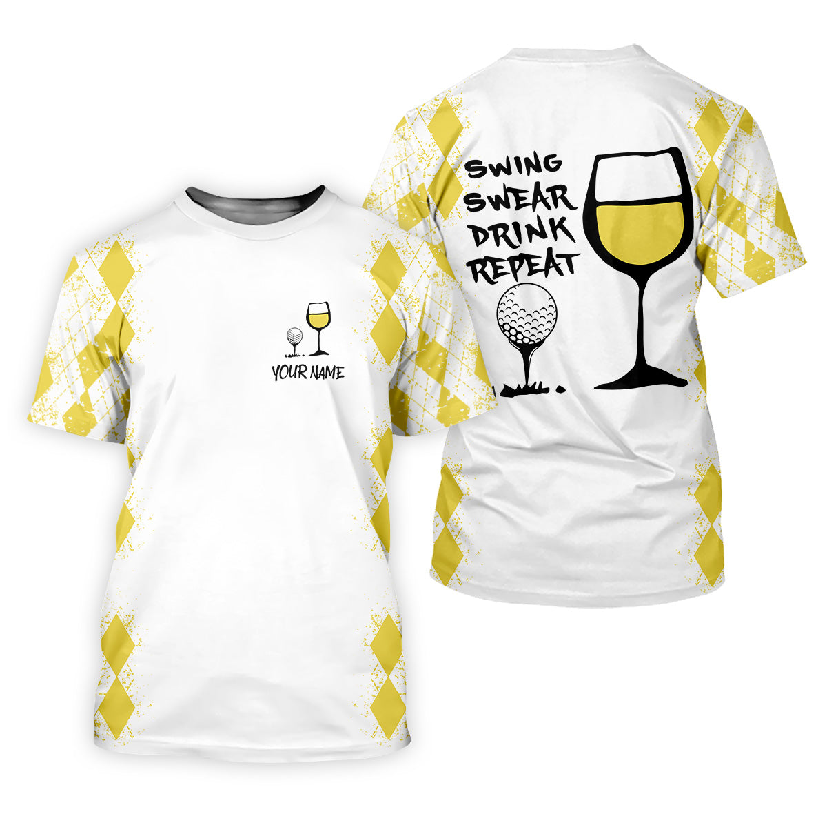 Swing Swear Drink Repeat Lemon Yellow Argyle Golf Shirt, Fun Womens Golf Shirts, Ladies Golf Shirts