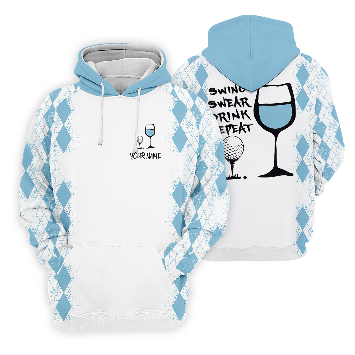 Swing Swear Drink Repeat Light Blue Argyle Golf Shirt, Fun Womens Golf Shirts, White Polo Women, Ladies Golf Shirts