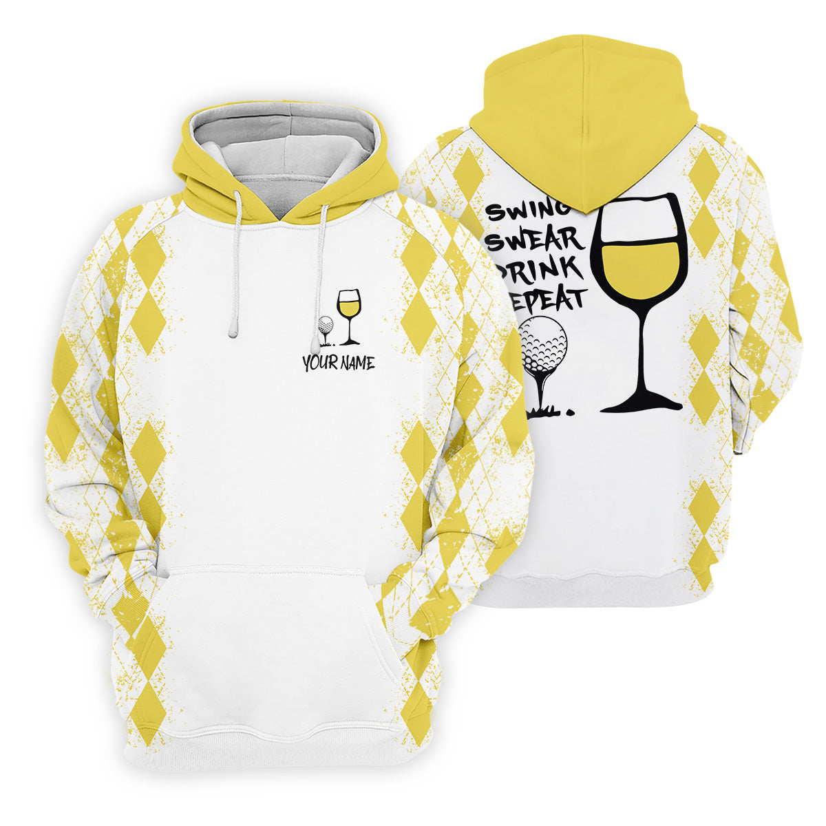 Swing Swear Drink Repeat Lemon Yellow Argyle Golf Shirt, Fun Womens Golf Shirts, Ladies Golf Shirts