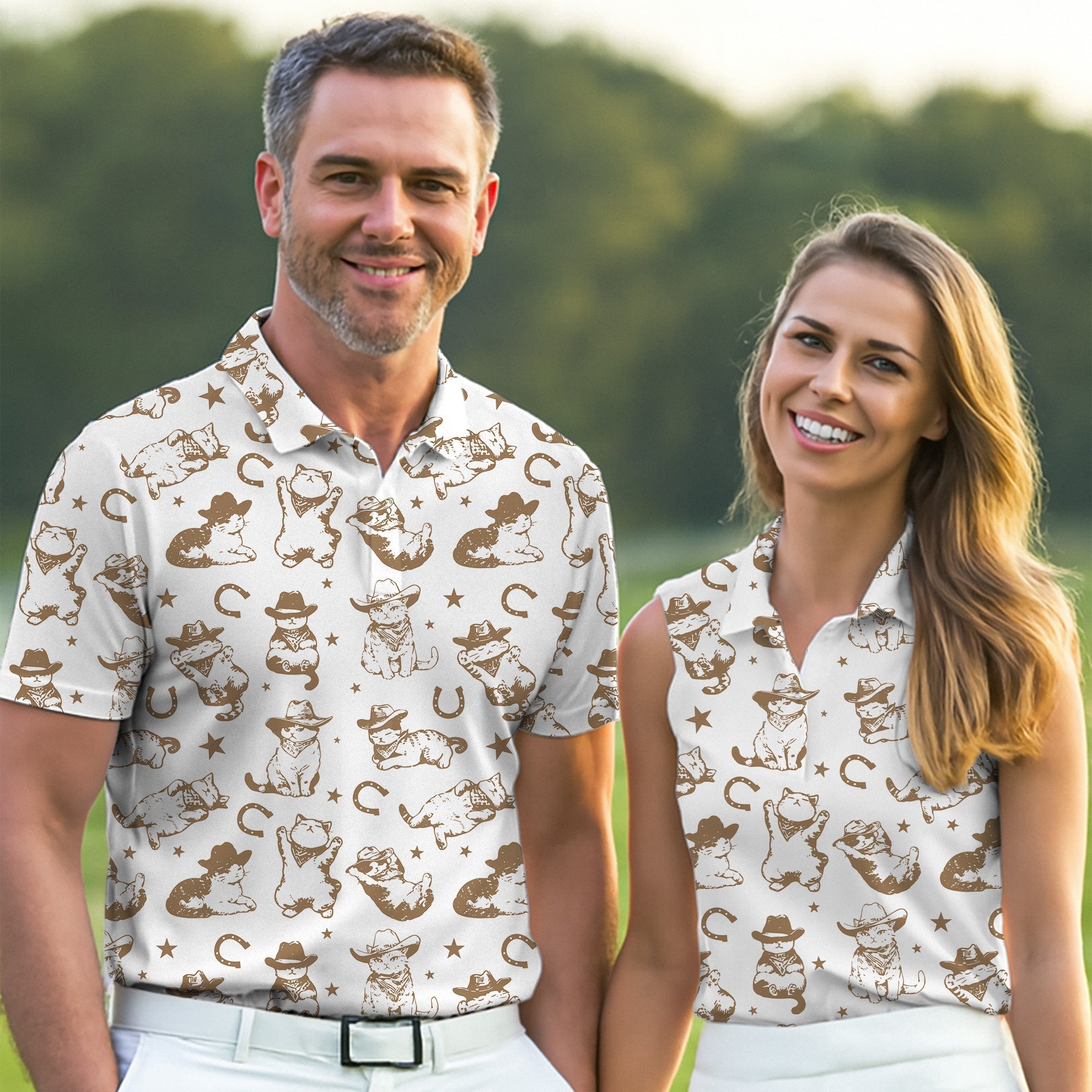 Western Cat Pattern Womens Golf Polo Shirt Ladies Golf Gift Ideas, Ladies Golf Tops, Matching Golf Shirts