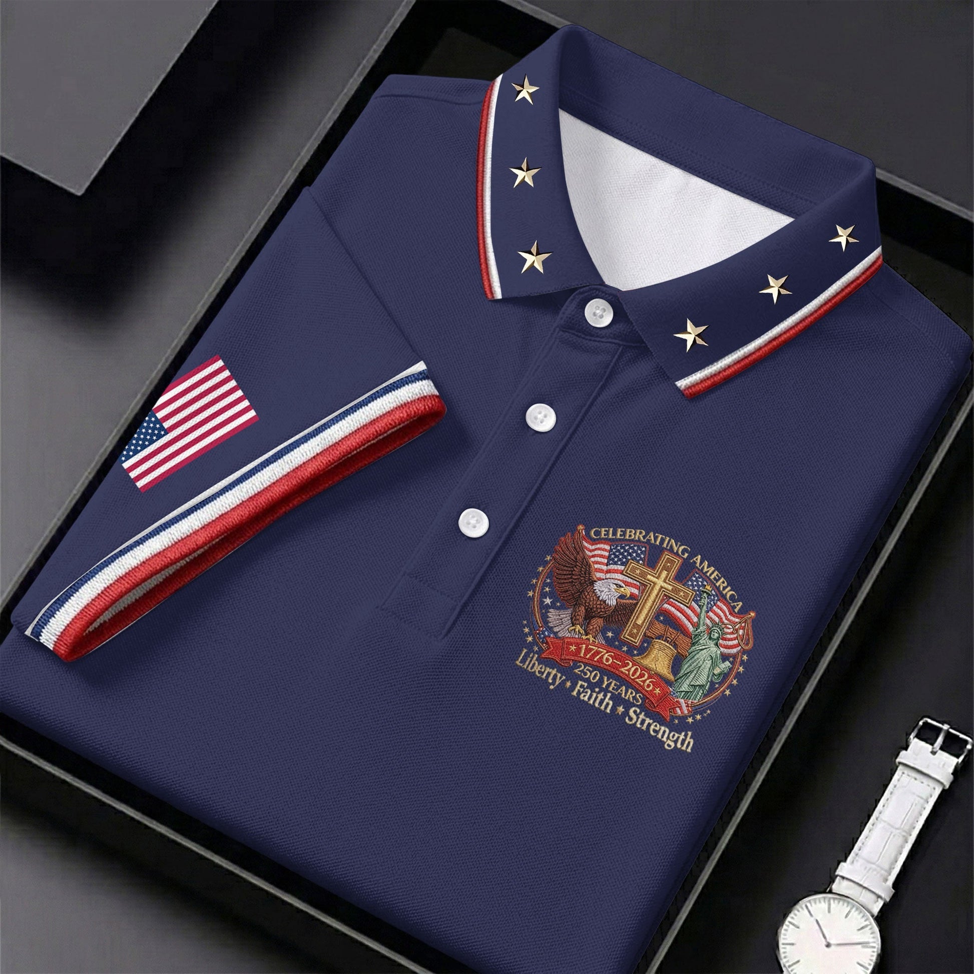 Liberty Faith Strength Faith Cross USA 250 Navy Golf Shirt, 4th Of July Golf Shirts For Men