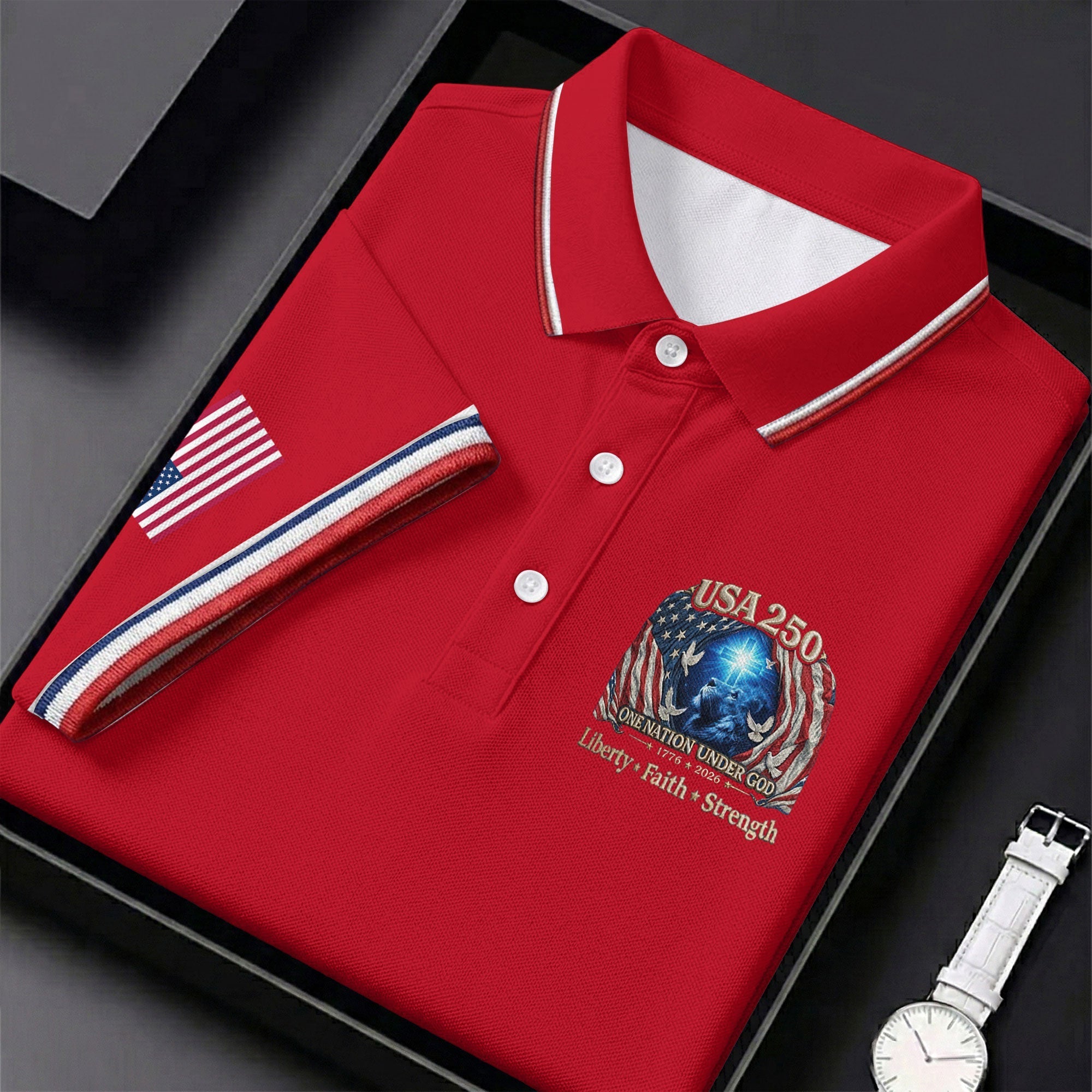 One Nation Under God Faith Cross USA 250 Logo Red Golf Shirt, 4th Of July Golf Shirts For Men