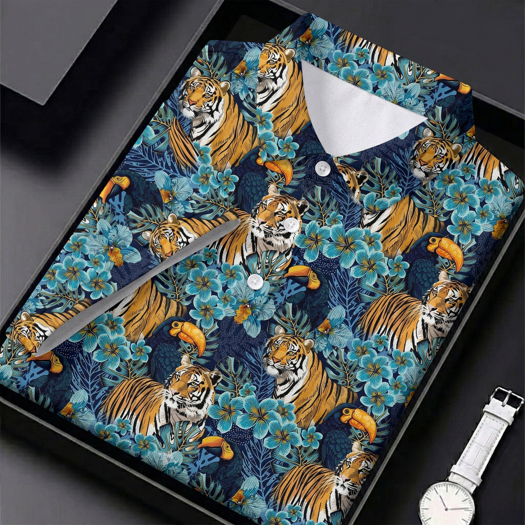 Tiger And Toucan Tropical Foliage Hawaiian Golf Shirt, Polo Shirts For Men, Golfing Apparel