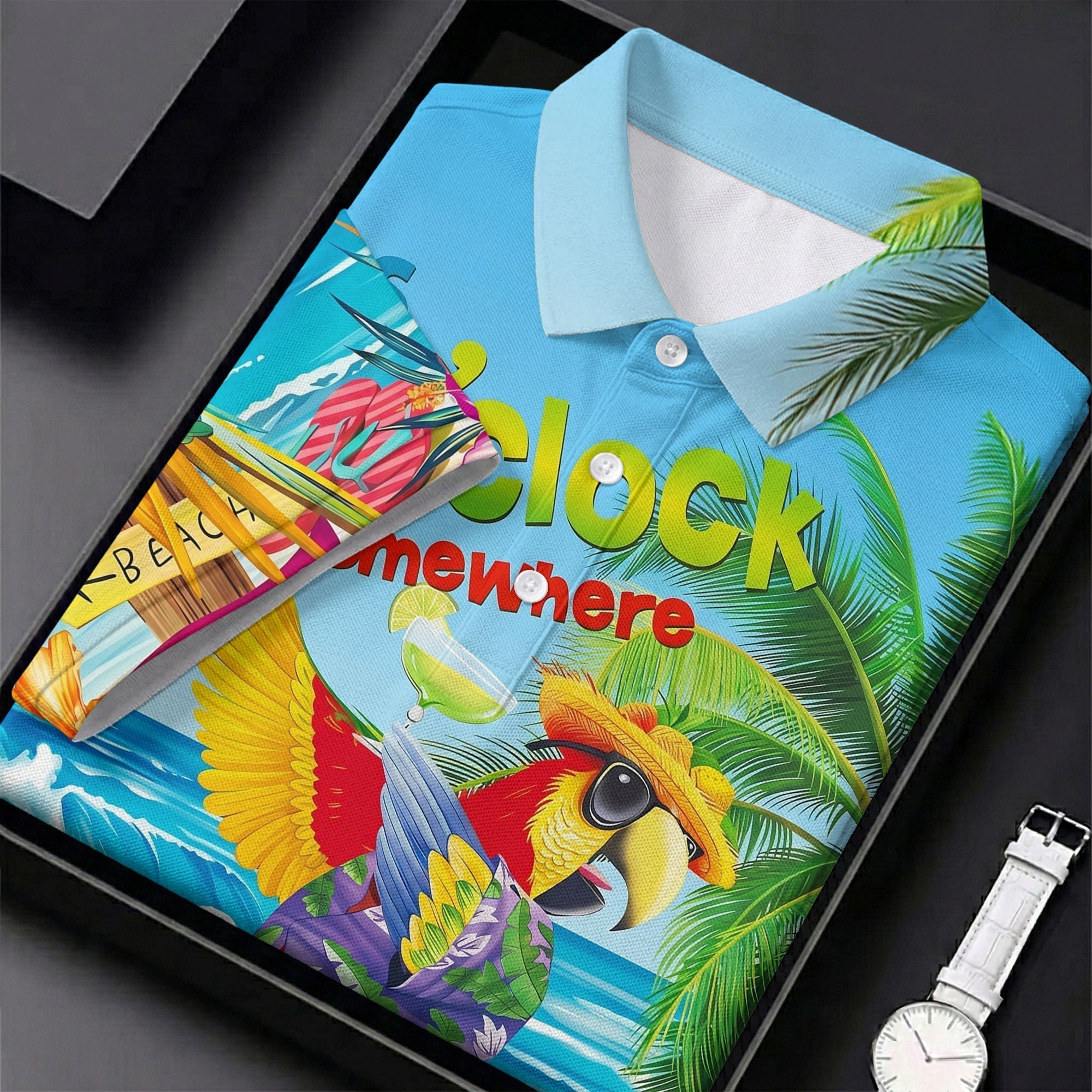 It's 5 O'Clock Somewhere Tropical Parrot Hawaiian Golf Shirt, Women's Golf Tops