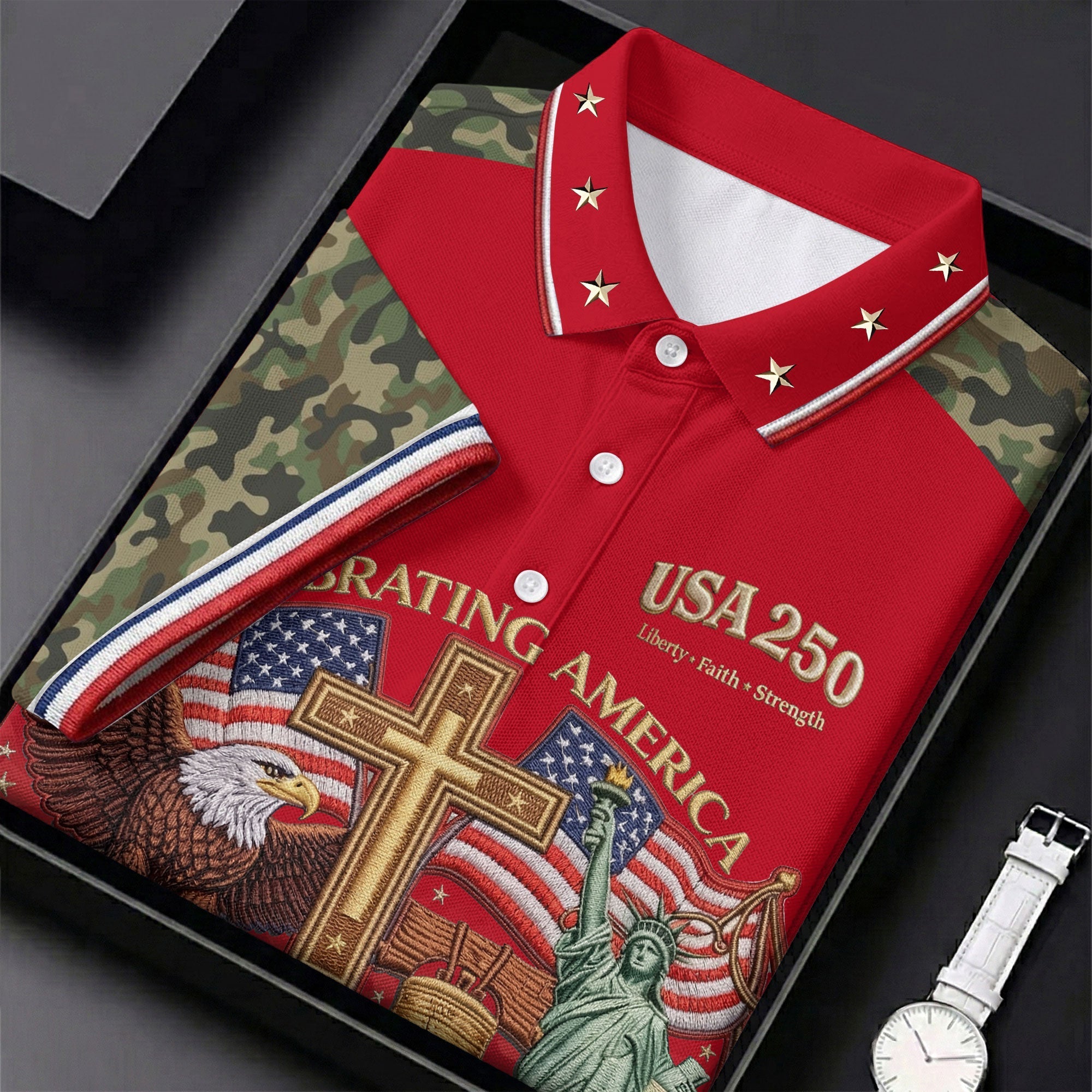Liberty Faith Strength Faith Cross USA 250 Red Camo Golf Shirt, 4th Of July Golf Shirt For Women