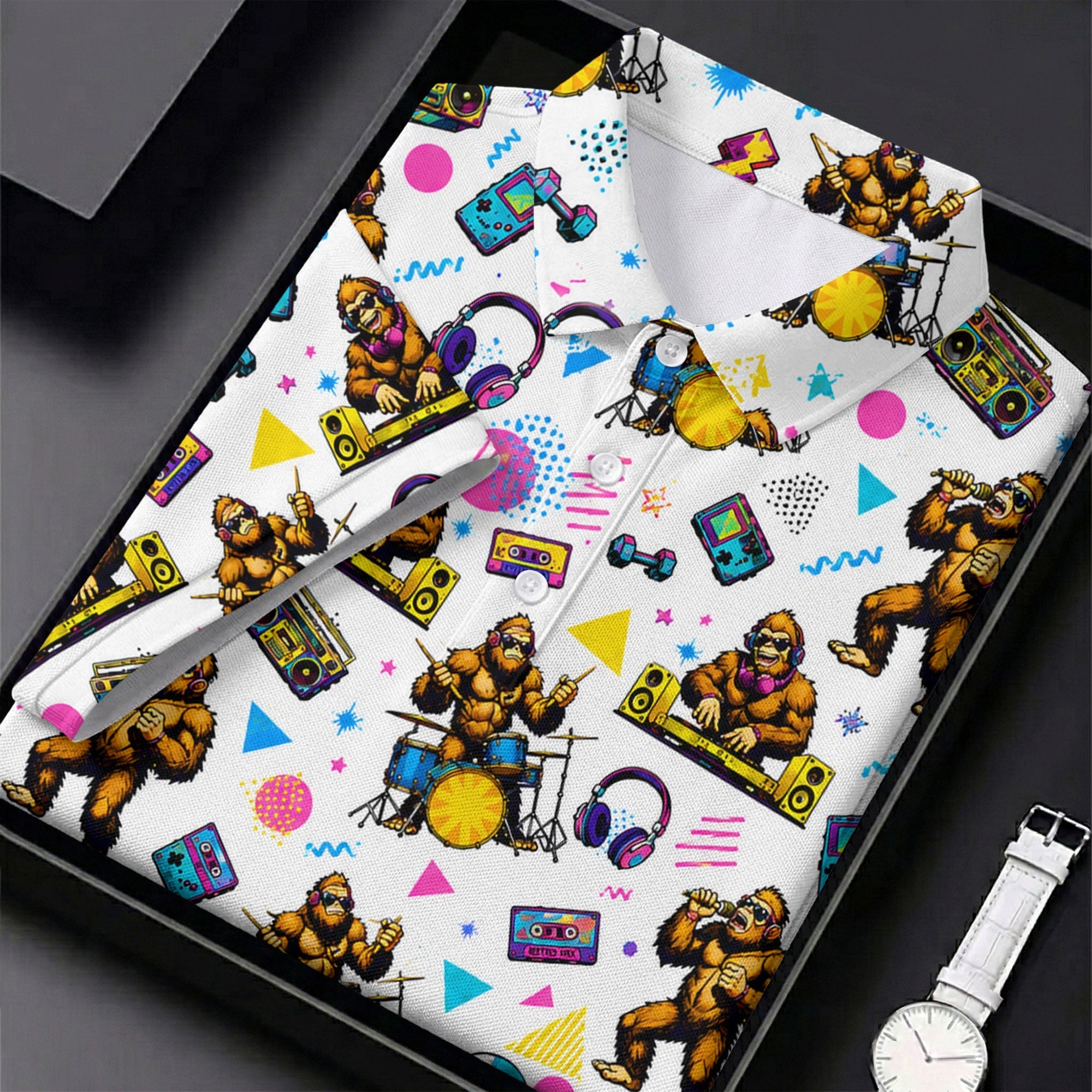 Bigfoot Party Memphis Pattern Retro Golf Shirt, Hawaiian Golf Shirt, Polo Shirts For Men