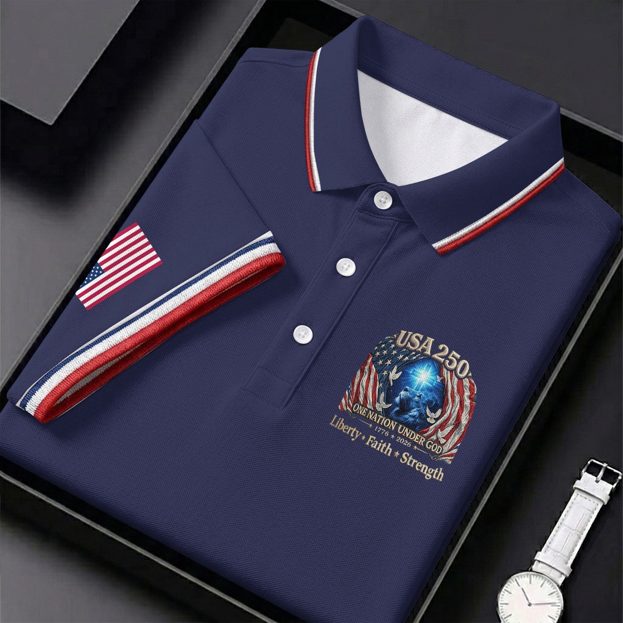 One Nation Under God Faith Cross USA 250 Logo Navy Golf Shirt, 4th Of July Golf Shirt For Women