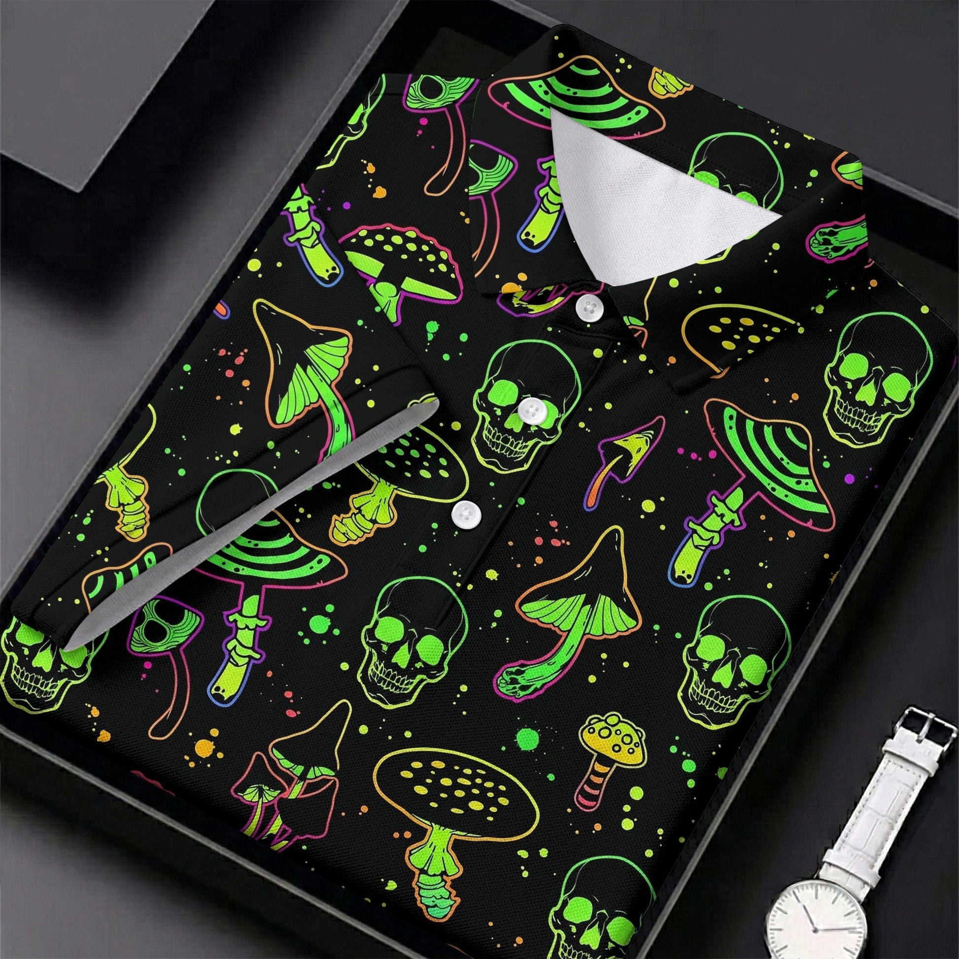 Mushroom And Skull Neon Pattern Hawaiian Golf Shirt, Fun Golf Shirt, Women's Golf Tops
