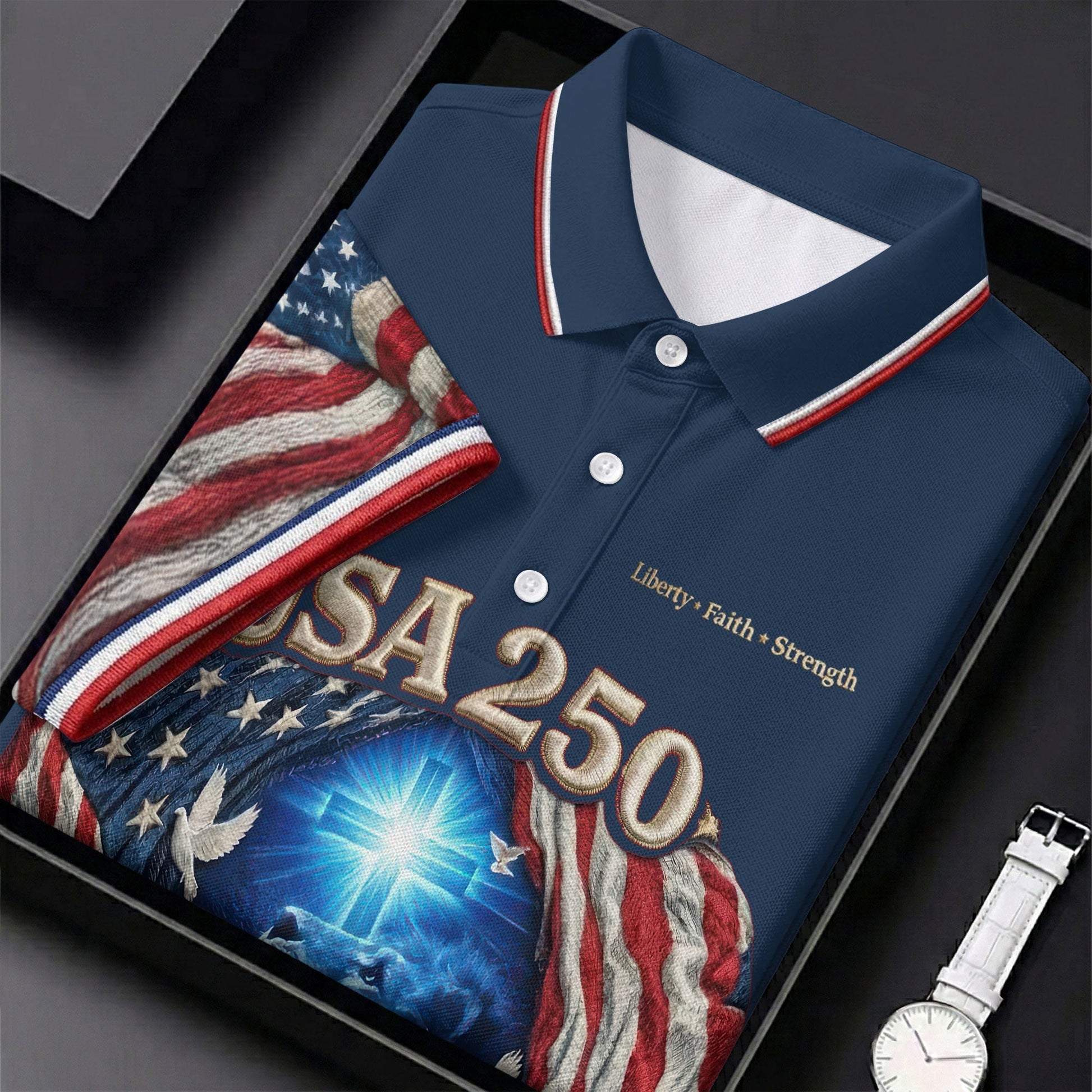 One Nation Under God Faith Cross USA 250 Navy Golf Shirt, 4th Of July Golf Shirts For Men
