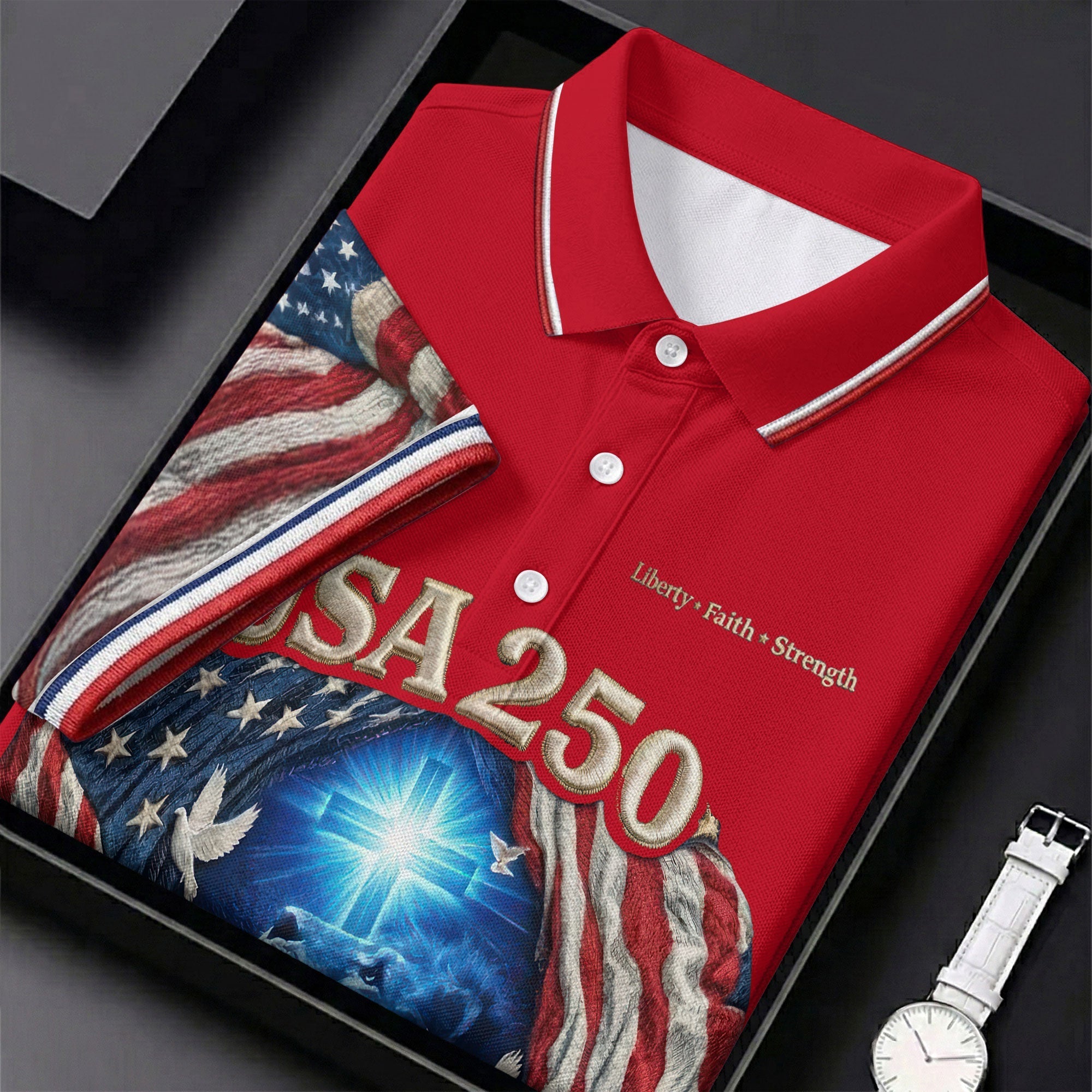 One Nation Under God Faith Cross USA 250 Red Golf Shirt, 4th Of July Golf Shirts For Men