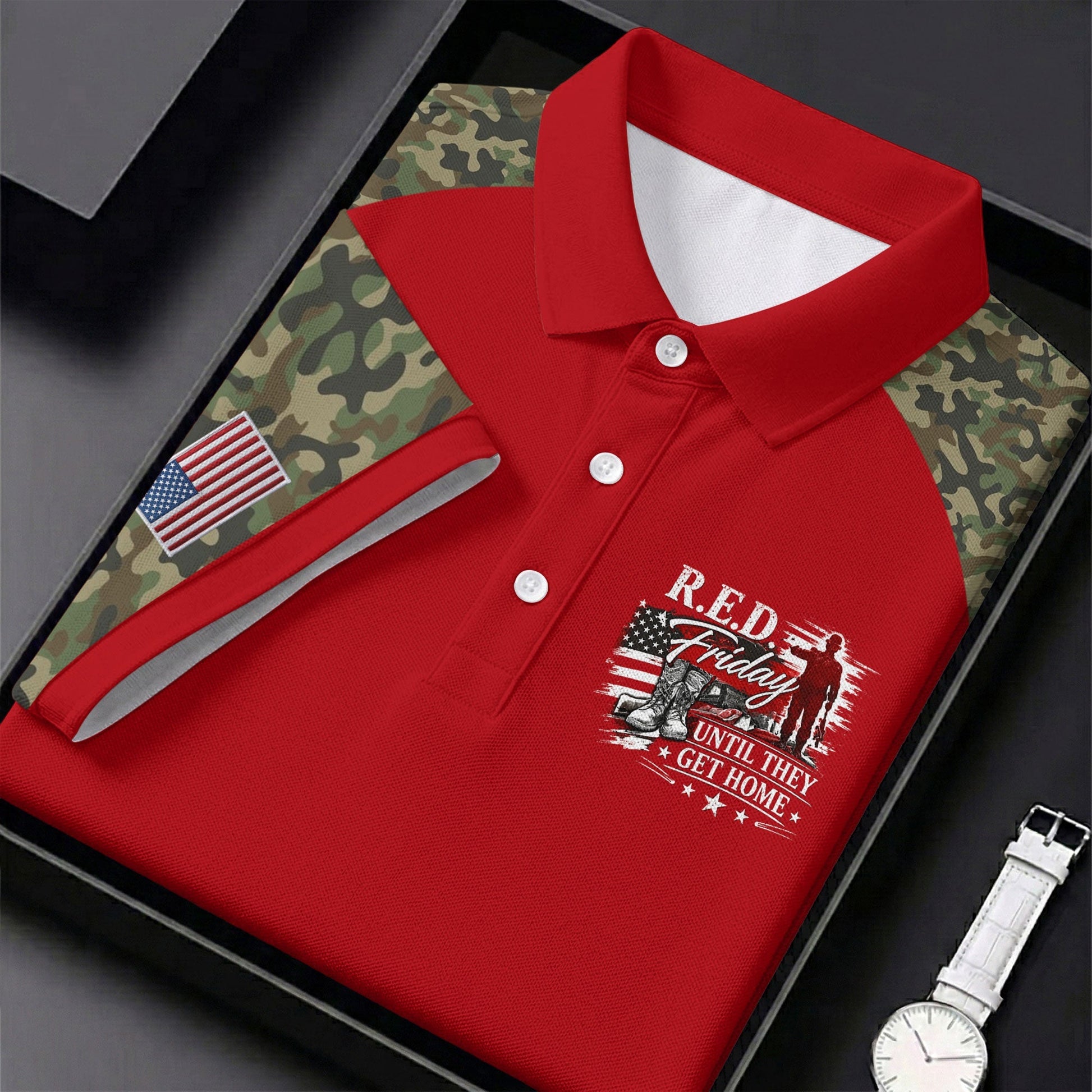 RED Friday Untill They Get Home Red Camo Golf Shirt, Veteran Memorial 250 Years Polo Shirts For Men