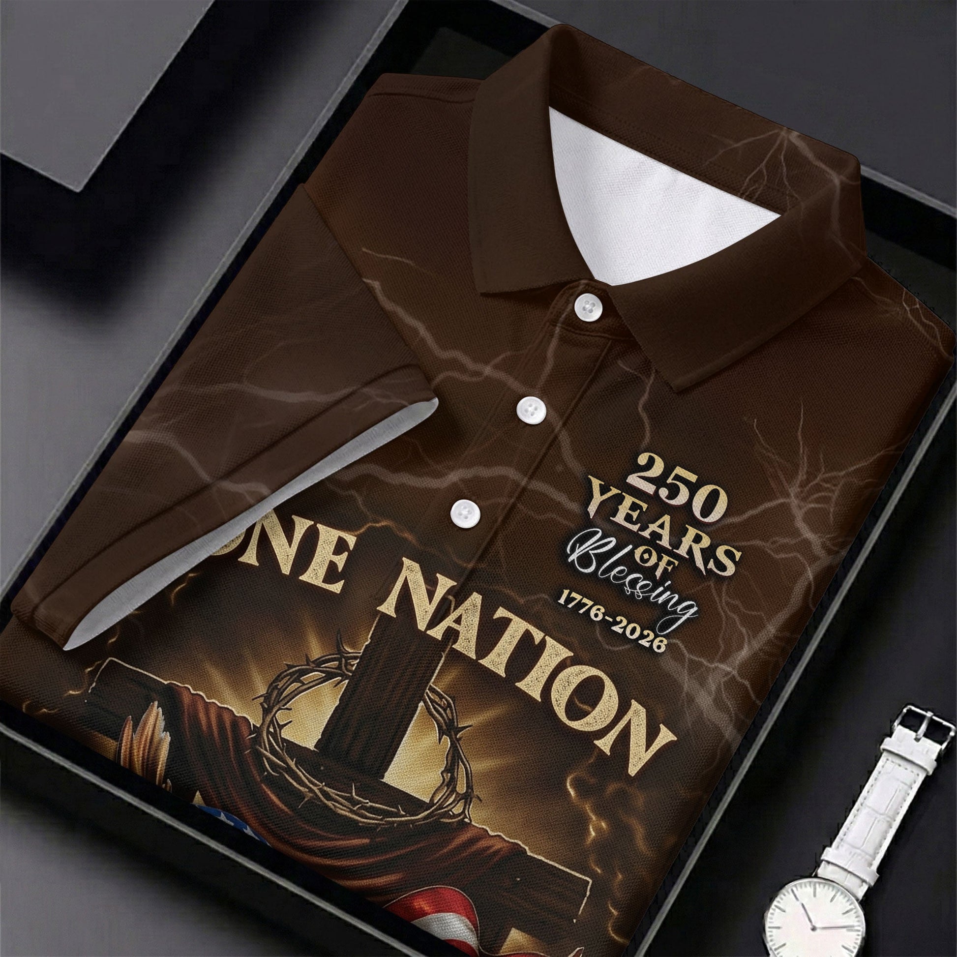 One Nation Under God 250 Years Faith Cross Golf Tops For Men, Patriotic Father's Day Golf Shirt