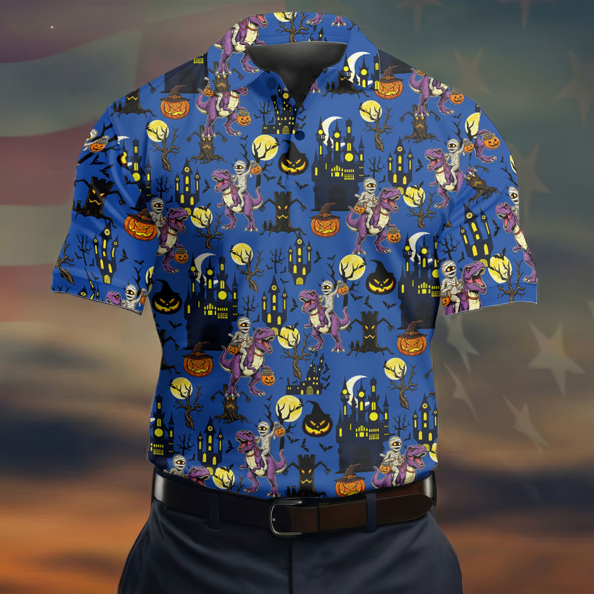 Dinosaur Mummy Pumpkin Halloween Polo Shirt, Mens Golf Shirts, Golf Polo Shirts For Men