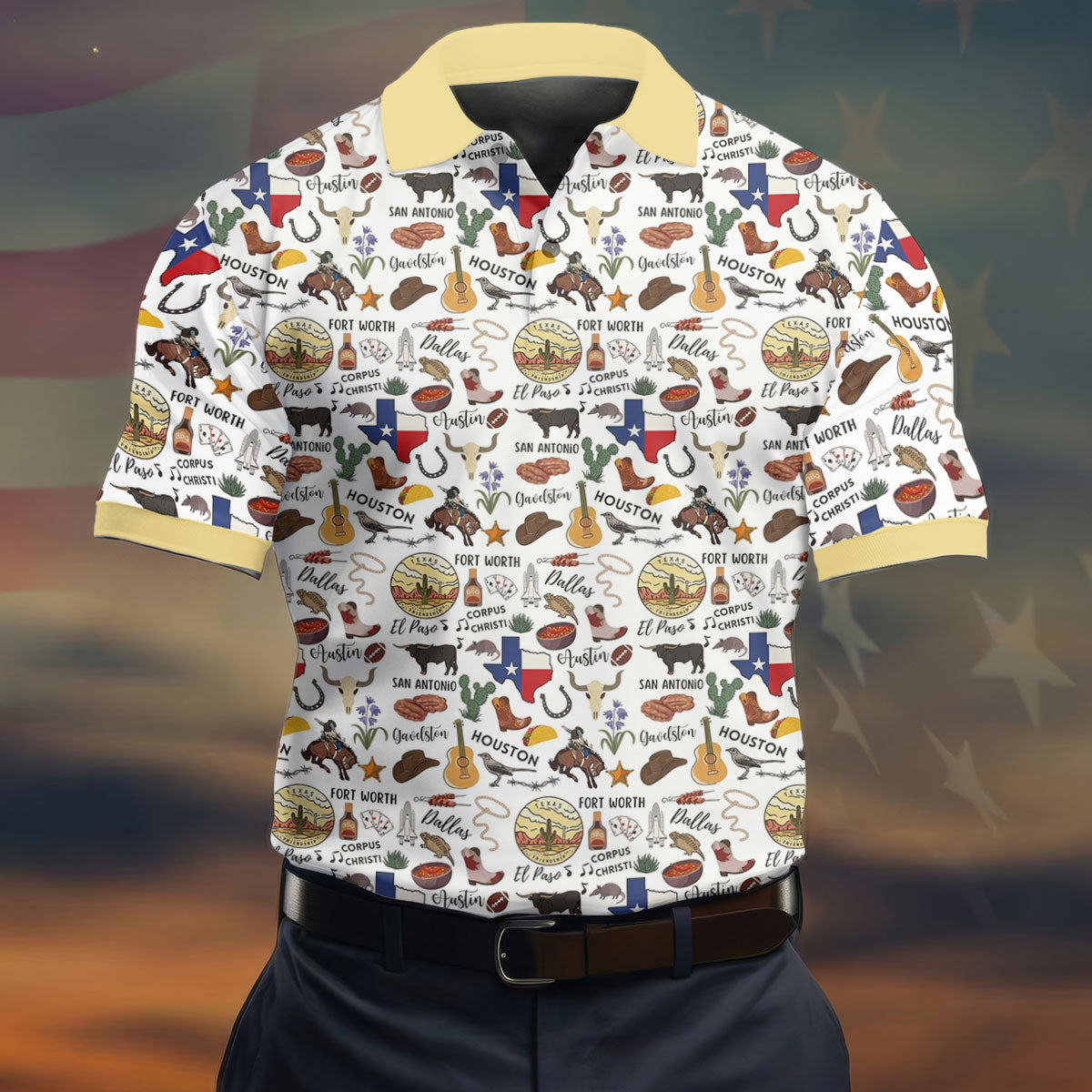 Texas Symbols Western Theme Doodle Style Golf Tops For Men, Polo ShirtFor Men, Golf Shirts For Men