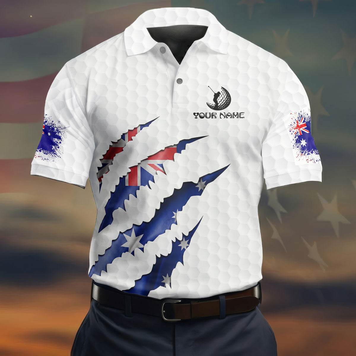 Golf Ball Pattern Australia Flag Print Scratch Effect Men's Golf Top, Golf Shirts For Men