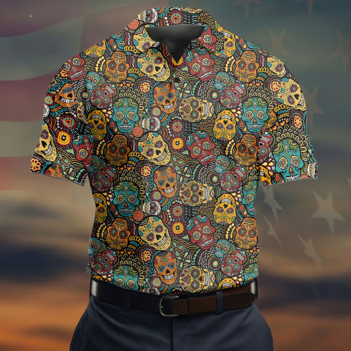 Colorful Sugar Skull Halloween Polo Shirt, Golf Shirts For Men, Golf Apparel For Men
