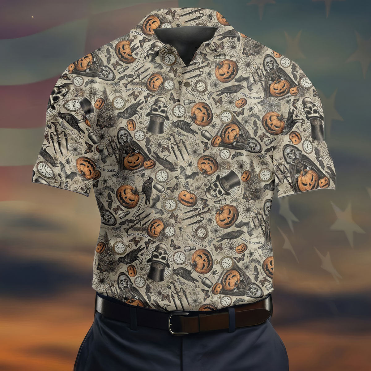 Vintage Pumpkin Skull Halloween Golf Shirt, Golf Shirts For Men, Golf Apparel For Men
