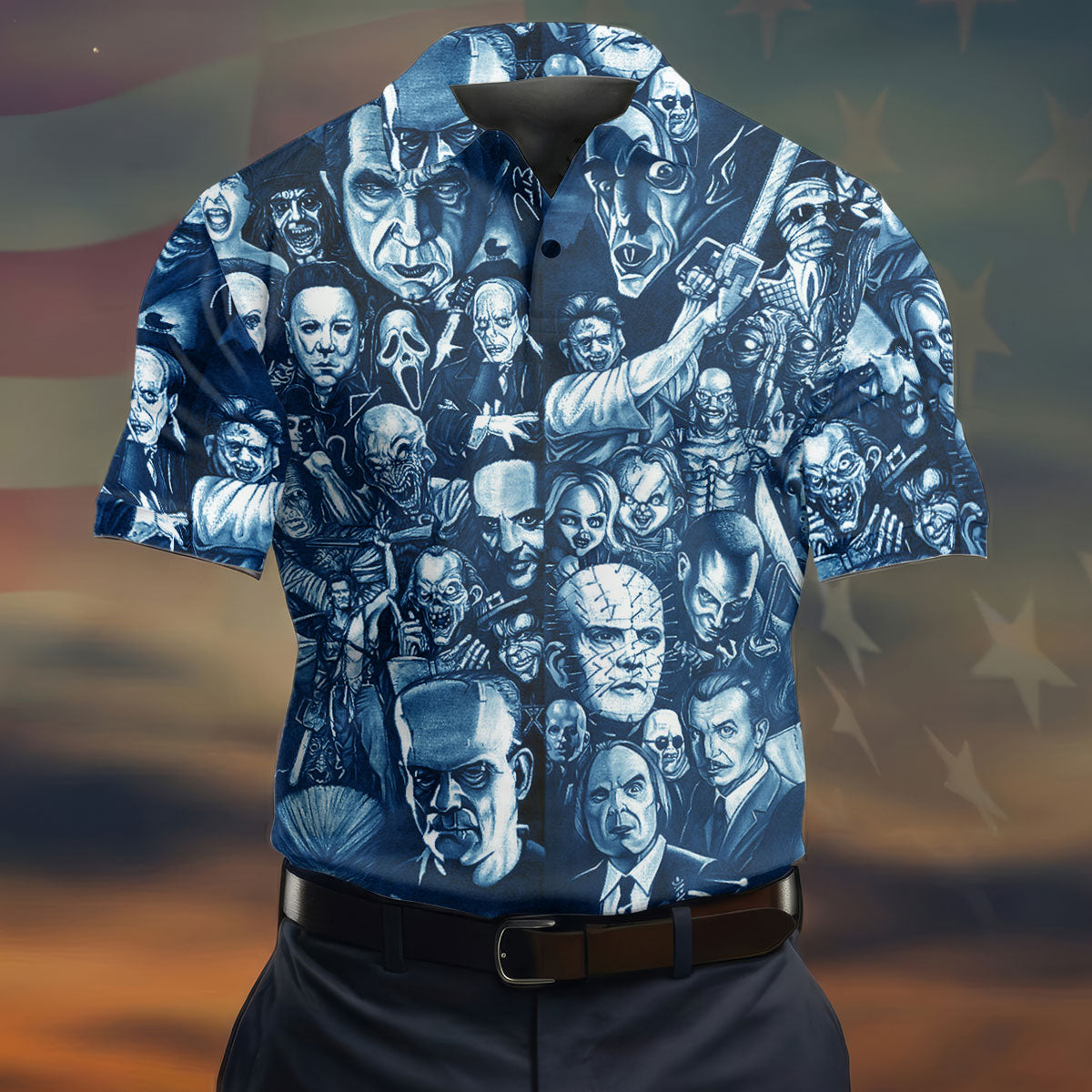 Horror Character Collage Halloween Polo Shirt, Printed Golf Shirts, Golf Apparel For Men