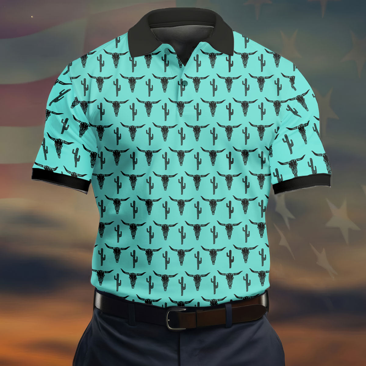 Longhorn Cow Skull Western Theme Peacock Blue Golf Tops For Men, Polo ShirtFor Men, Golf Shirts For Men