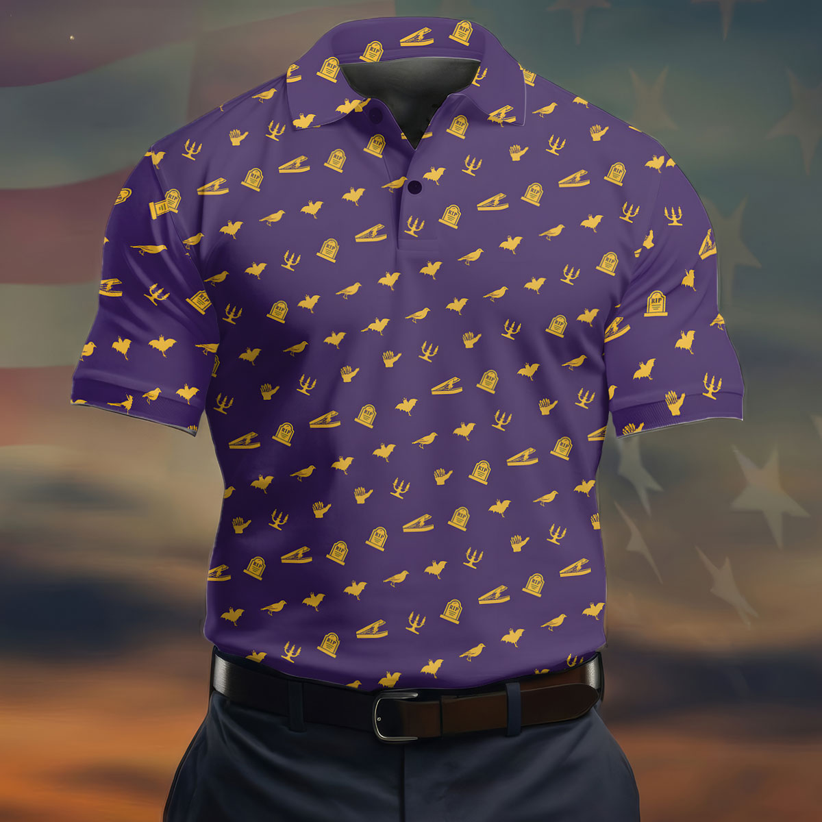 Purple Gravestone Bat Halloween Pattern Polo Shirt, Golf Shirts For Men, Mens Polo Shirts