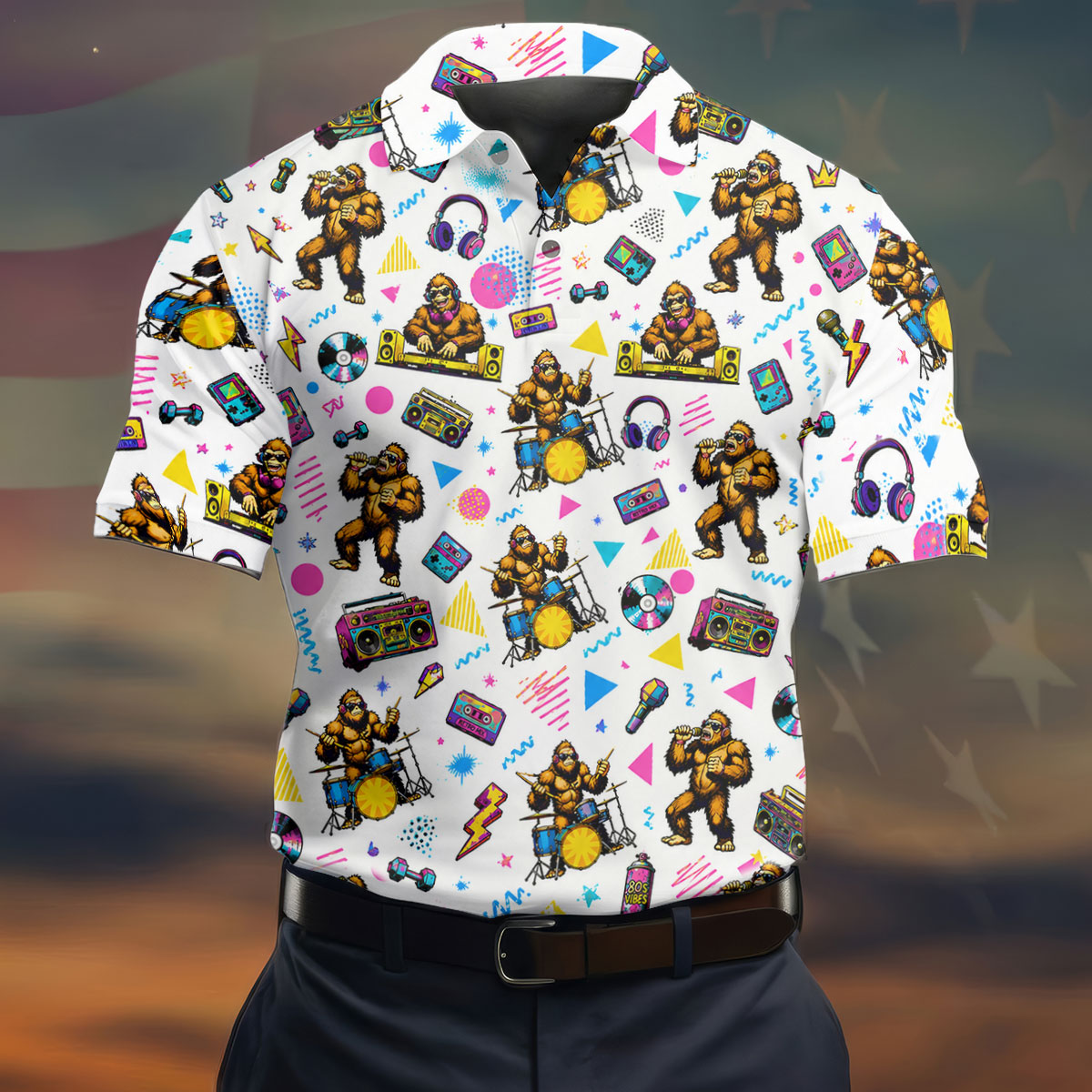 Bigfoot Party Memphis Pattern Retro Golf Shirt, Hawaiian Golf Shirt, Polo Shirts For Men