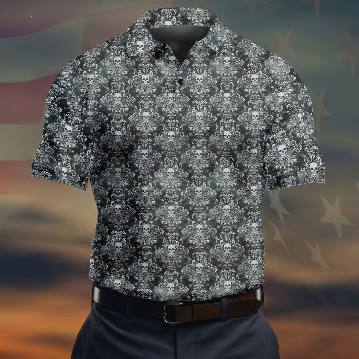 Skull Damask Charcoal Grey Gothic Floral Golf Tops For Men, Polo ShirtFor Men, Golf Shirts For Men