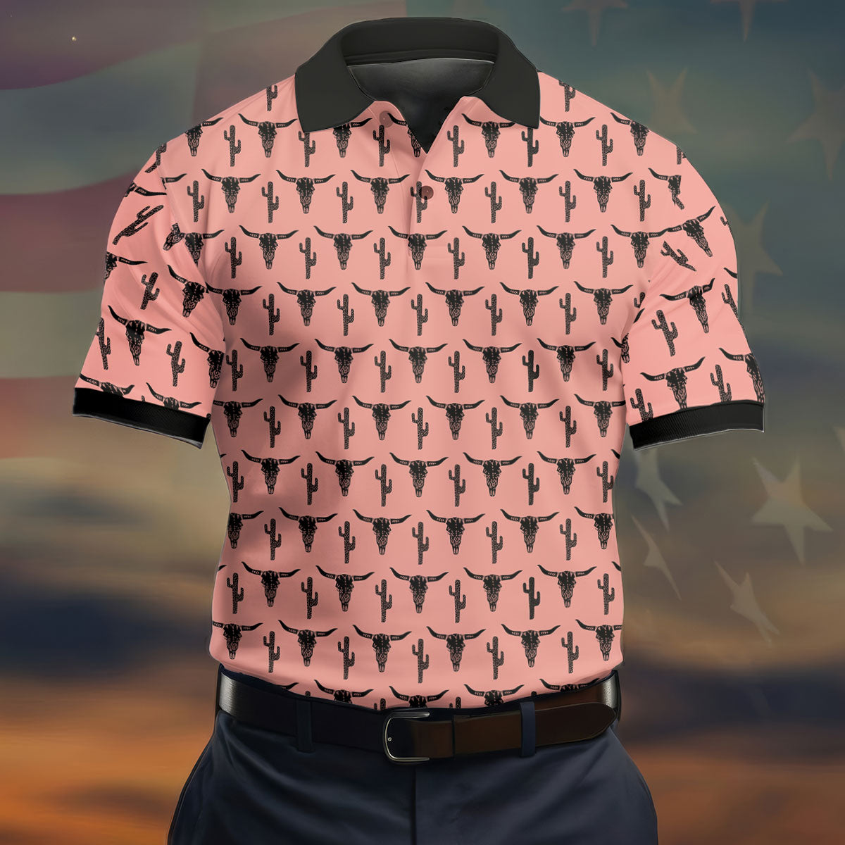 Longhorn Cow Skull Western Theme Peach Pink Golf Tops For Men, Polo ShirtFor Men, Golf Shirts For Men