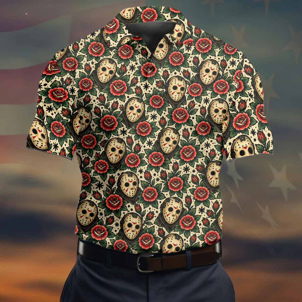 Rose Mask Halloween Horror Character Polo Shirt, Mens Golf Polo, Mens Golf Apparel